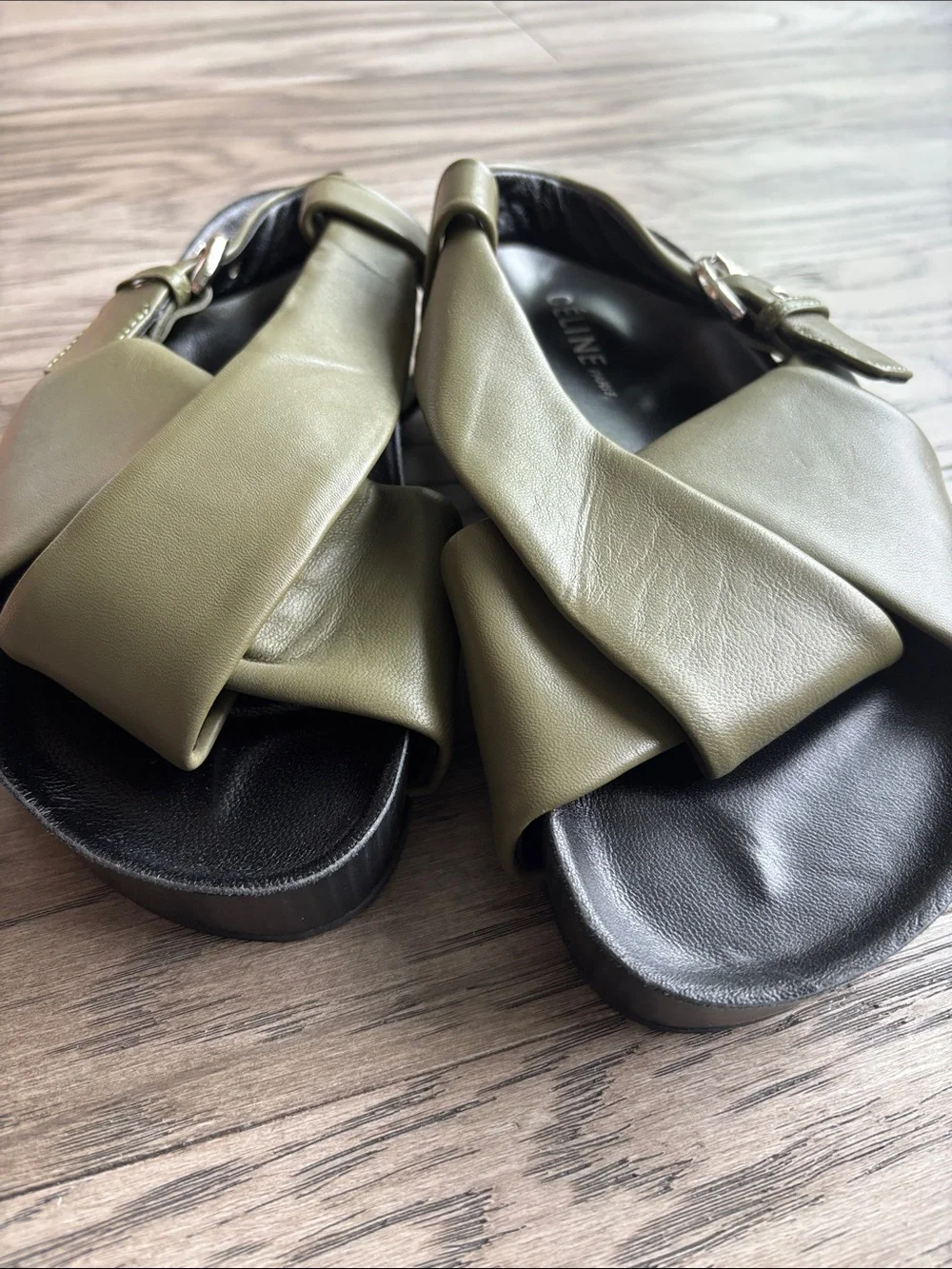 Celine Olive Green Leather Crisscross Slingback Sandals - Picture 8 of 8
